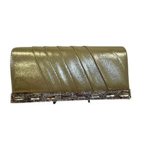 Elegant Gold Shimmer Rhinestone Accent Clutch/Evening/Cocktail Purse W/Opt.Chain